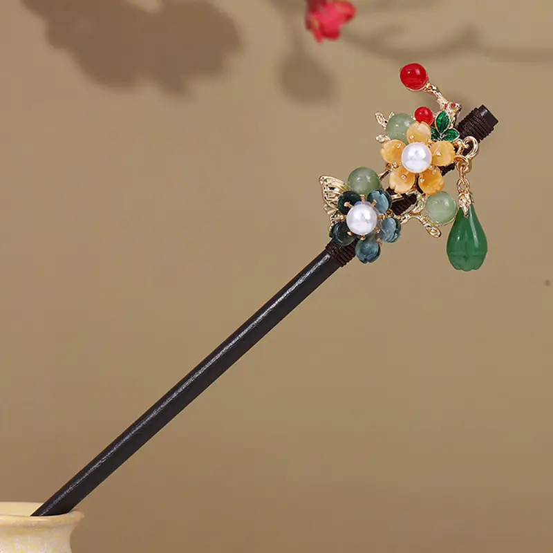 Elegant Wooden Hairpin with Pink Flower Tassel - Image 13