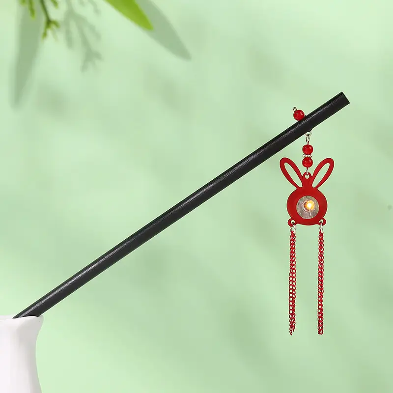 Elegant Wooden Hairpin with Pink Flower Tassel - Image 83