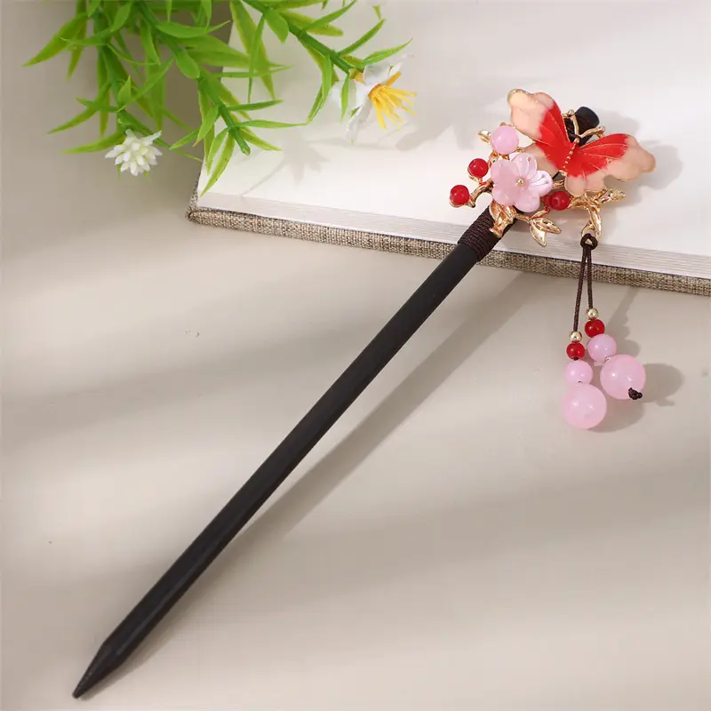 Elegant Wooden Hairpin with Pink Flower Tassel - Image 92