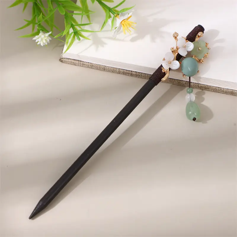 Elegant Wooden Hairpin with Pink Flower Tassel - Image 95