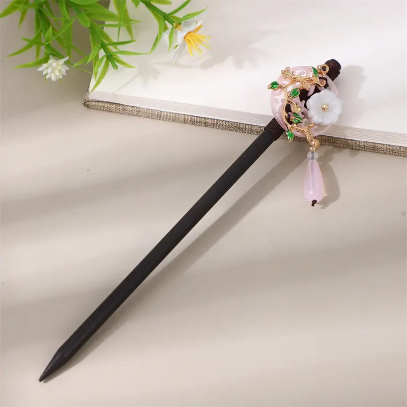 Elegant Wooden Hairpin with Pink Flower Tassel - Image 96
