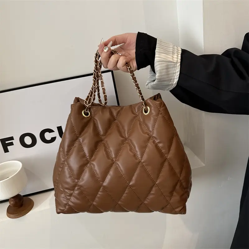 Brown Rhombic Quilted Shoulder Bag for Women - Image 8