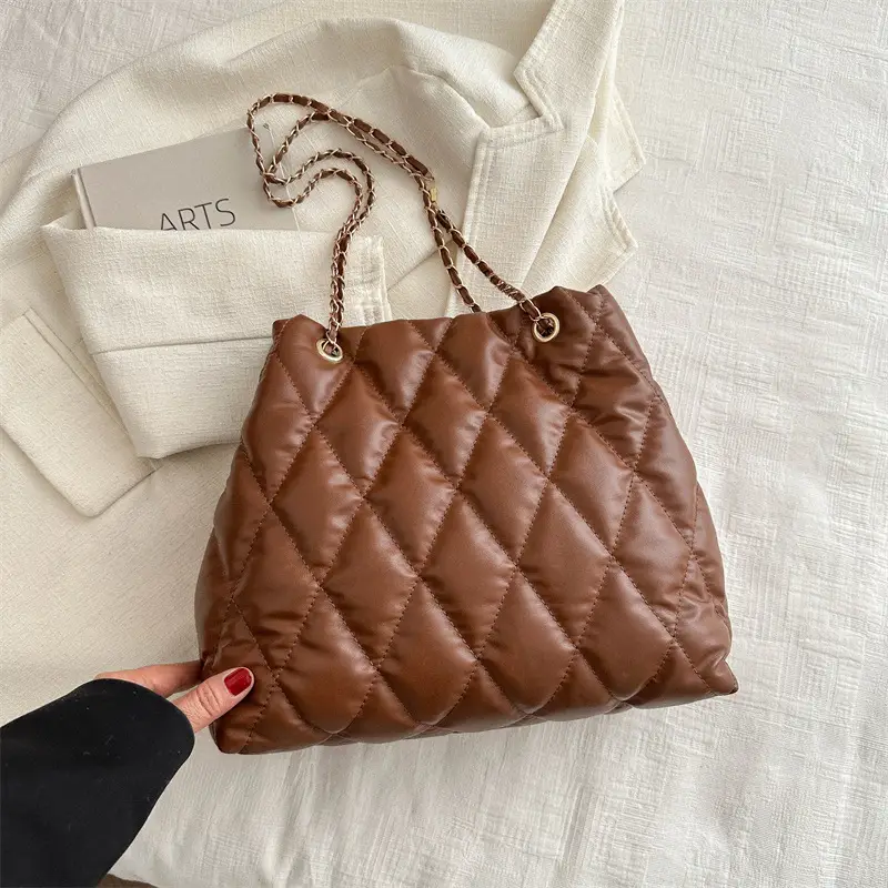 Brown Rhombic Quilted Shoulder Bag for Women - Image 4