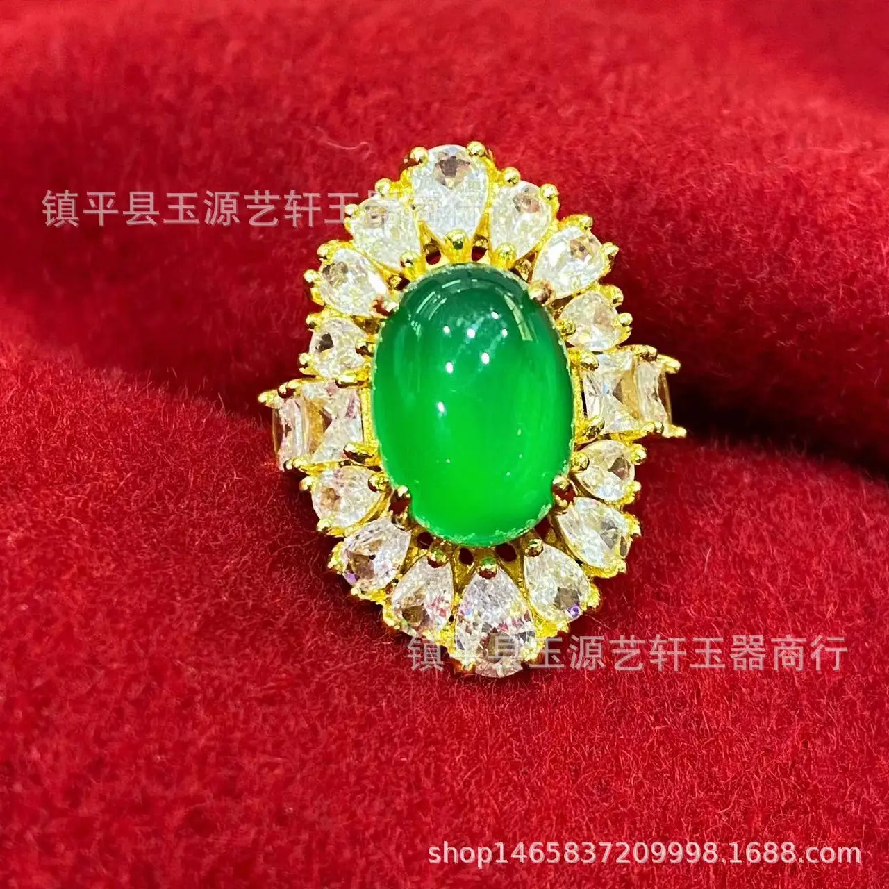 Brazilian Bingyang Green Chalcedony Pigeon Egg Ring with Full Diamond and Guofeng