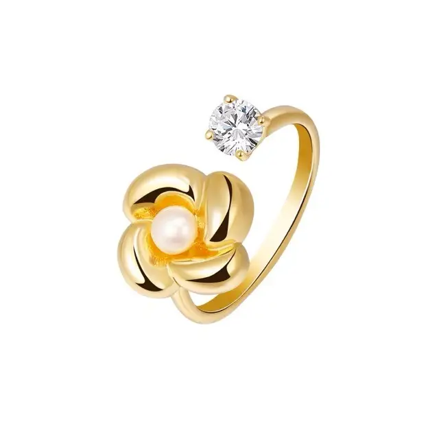 Japanese Style Flower Ring with Pearl & Gold Tone