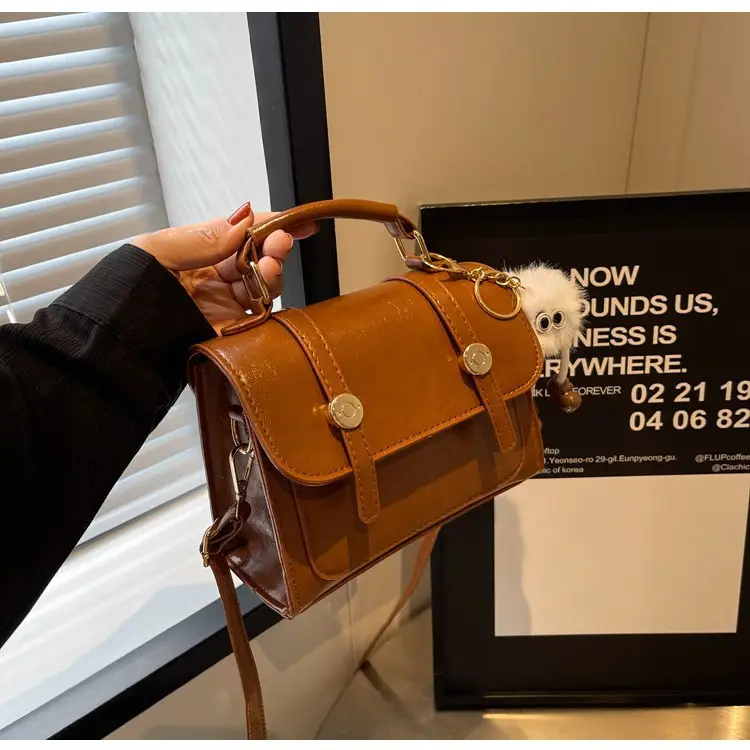 2026 Small Square Brown PU Leather Shoulder Bag with Magnetic Buckle - Image 11