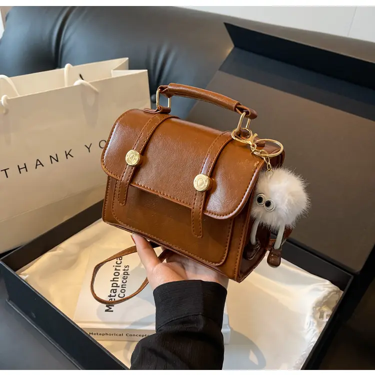 2026 Small Square Brown PU Leather Shoulder Bag with Magnetic Buckle - Image 2
