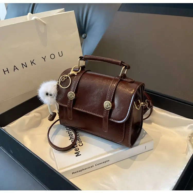 2026 Small Square Brown PU Leather Shoulder Bag with Magnetic Buckle - Image 8