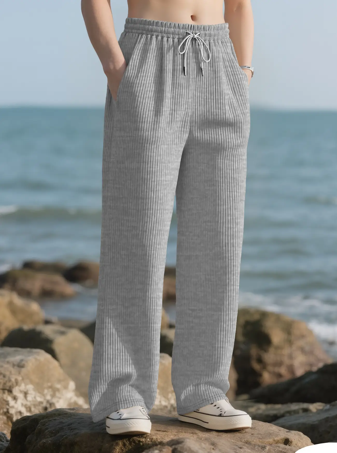 Men Striped Loose Straight Leg Pants Green — feature 10