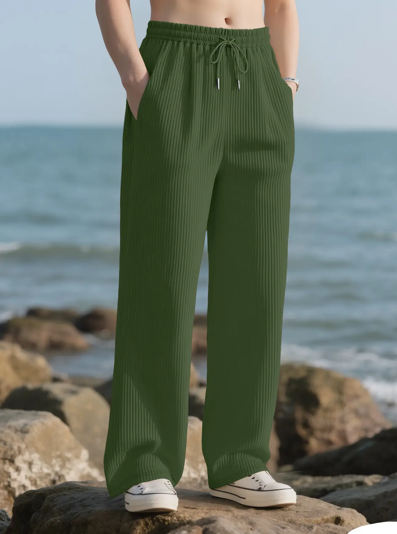 Men Striped Loose Straight Leg Pants Green — feature 17