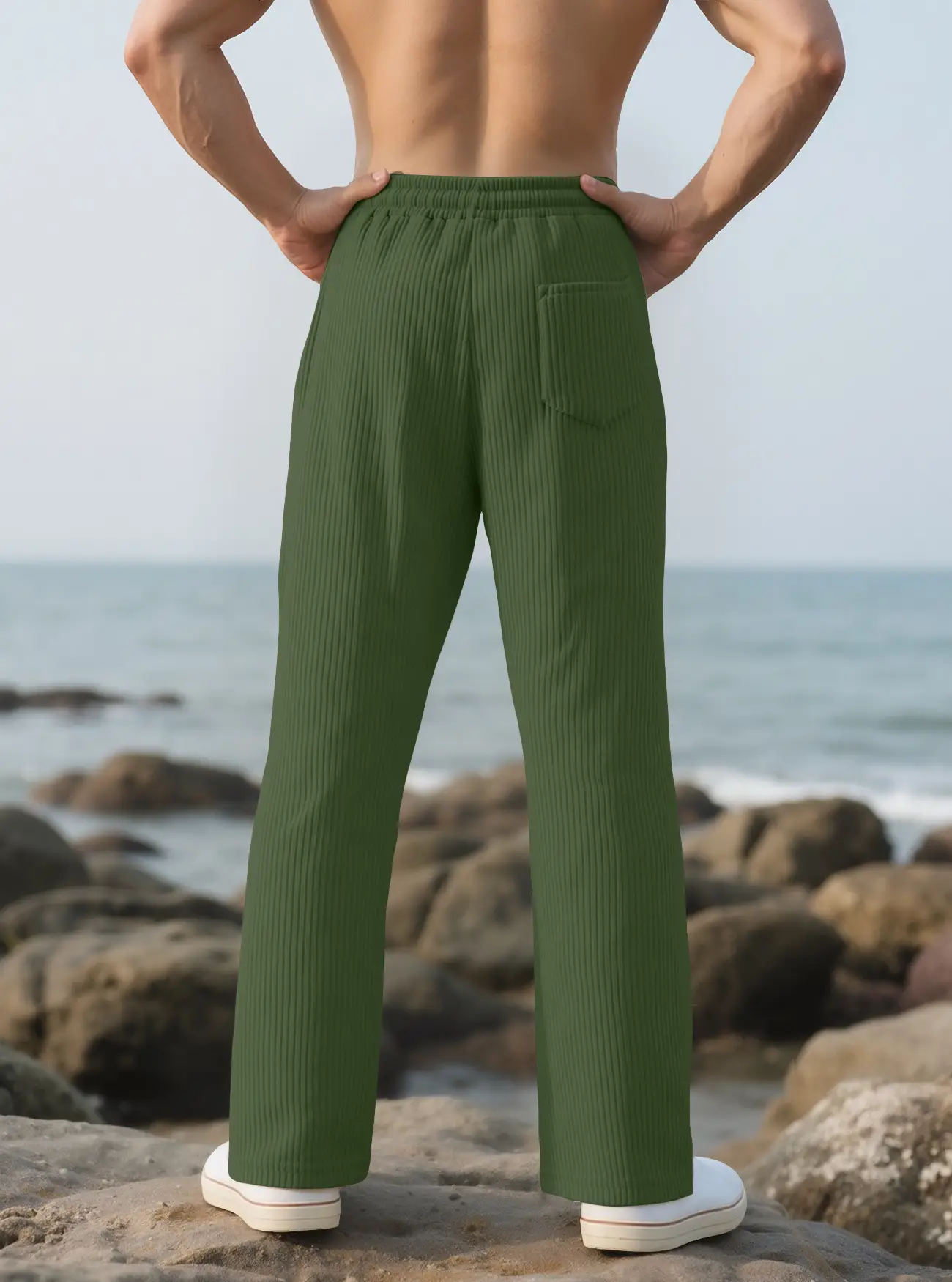 Men Striped Loose Straight Leg Pants Green — feature 18
