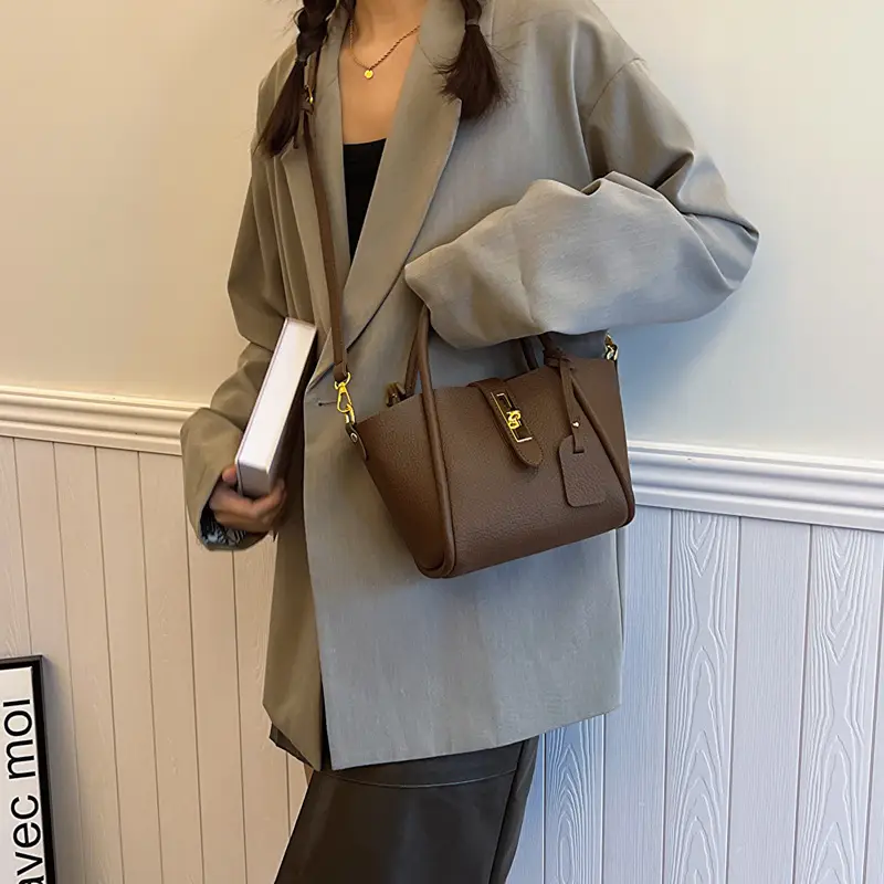 Women's Brown Leather Shoulder Crossbody Bag with Tote Compartment — feature 25