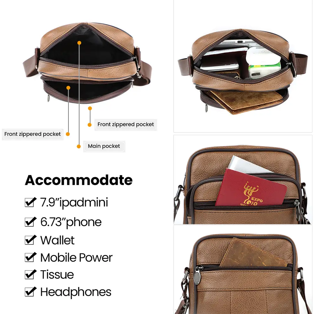 Men's Genuine Leather Mini Shoulder Bag Brown 350g - Image 11