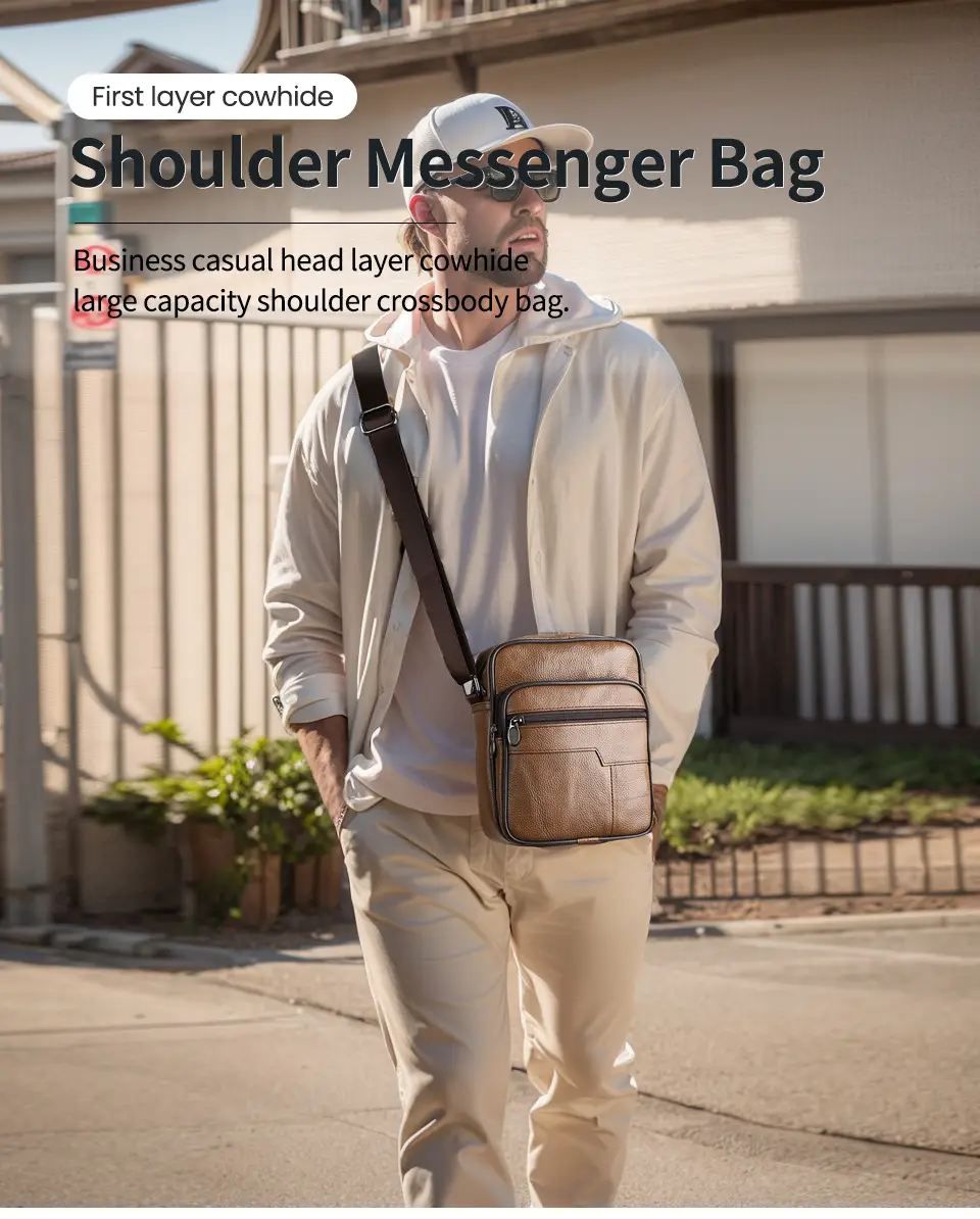 Men's Genuine Leather Mini Shoulder Bag Brown 350g — feature 2