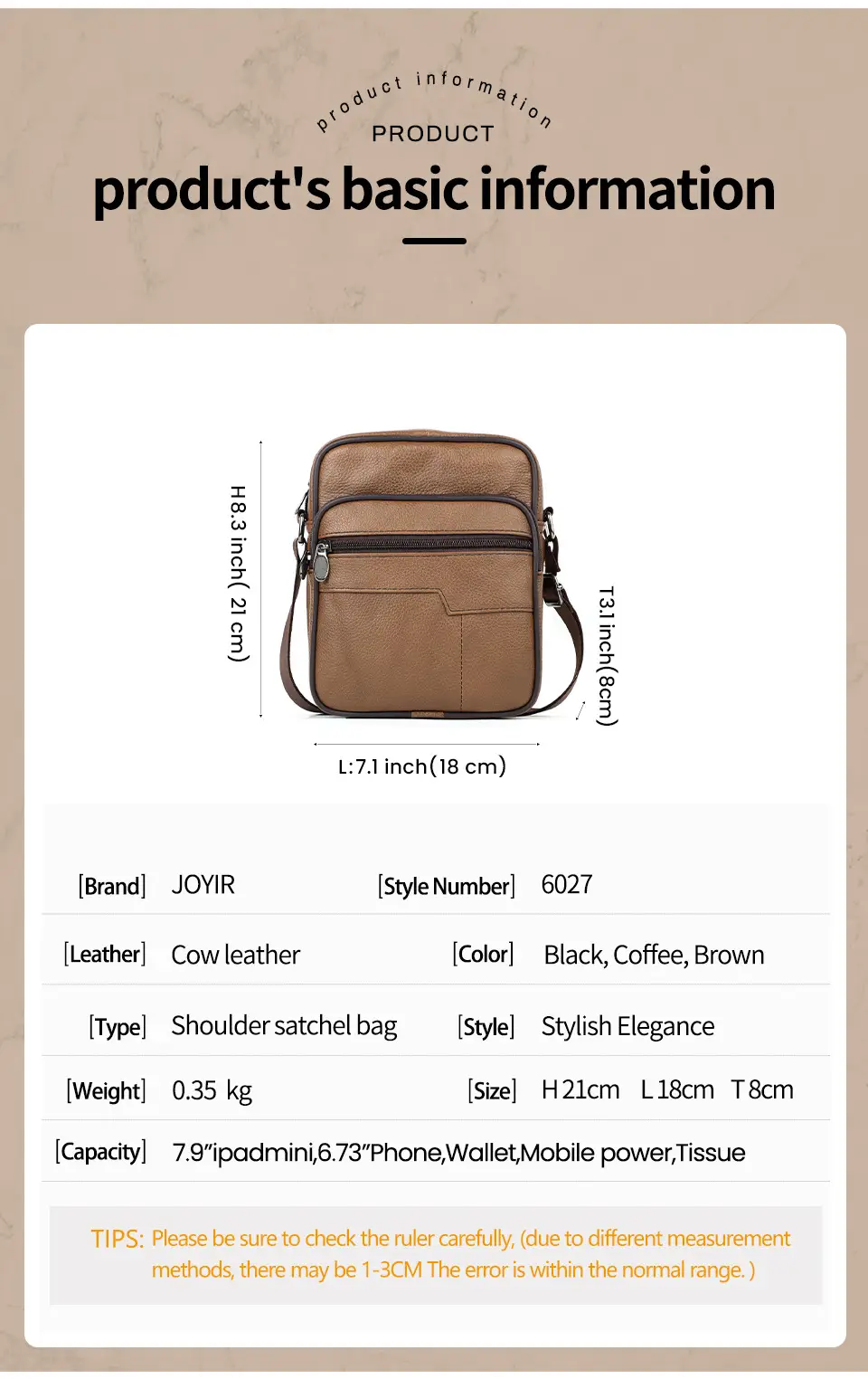 Men's Genuine Leather Mini Shoulder Bag Brown 350g — feature 3