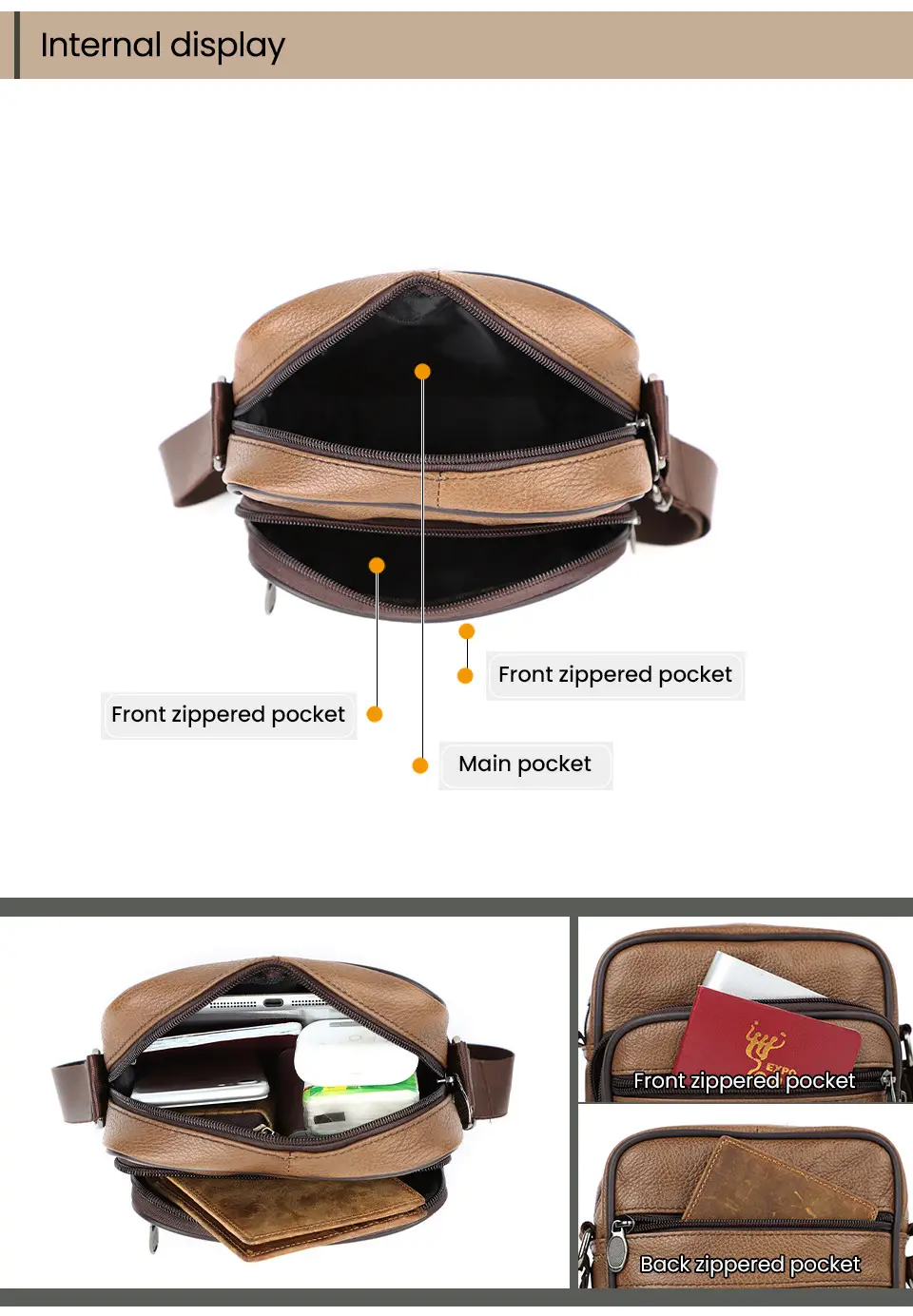 Men's Genuine Leather Mini Shoulder Bag Brown 350g — feature 4