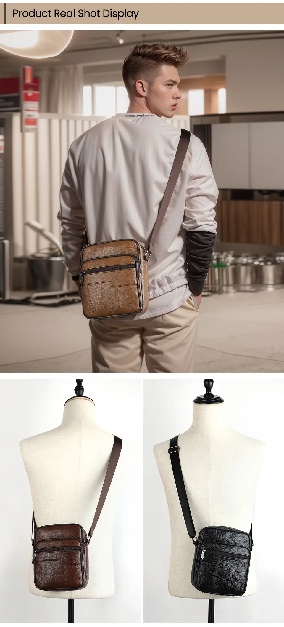 Men's Genuine Leather Mini Shoulder Bag Brown 350g — feature 5