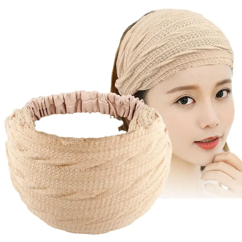Women Knitted Elastic Headscarf Autumn Winter Beige - Image 11