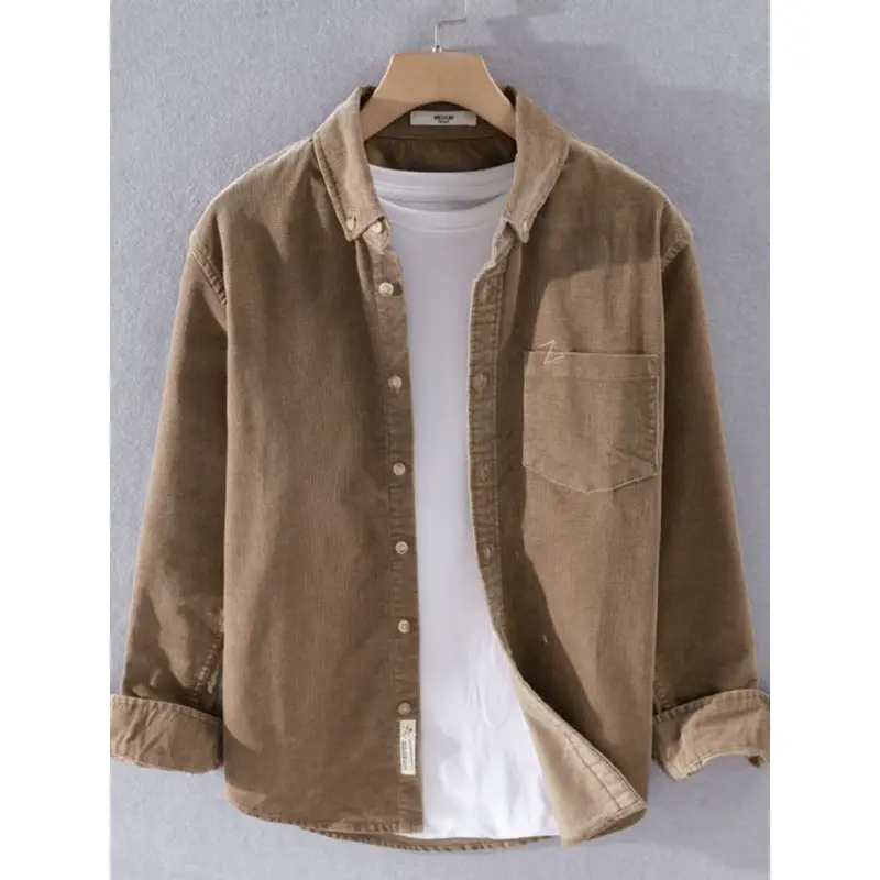 Corduroy Long Sleeve Shirt Men Brown Spring Autumn New — feature 2