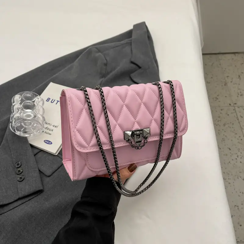 Pink Quilted Chain Messenger Bag for Women - Image 6