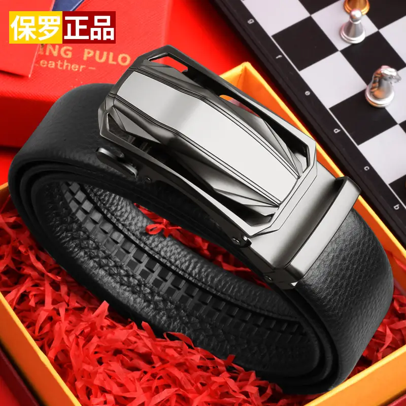 Men's Automatic Buckle Leather Belt Black Silver - Image 3