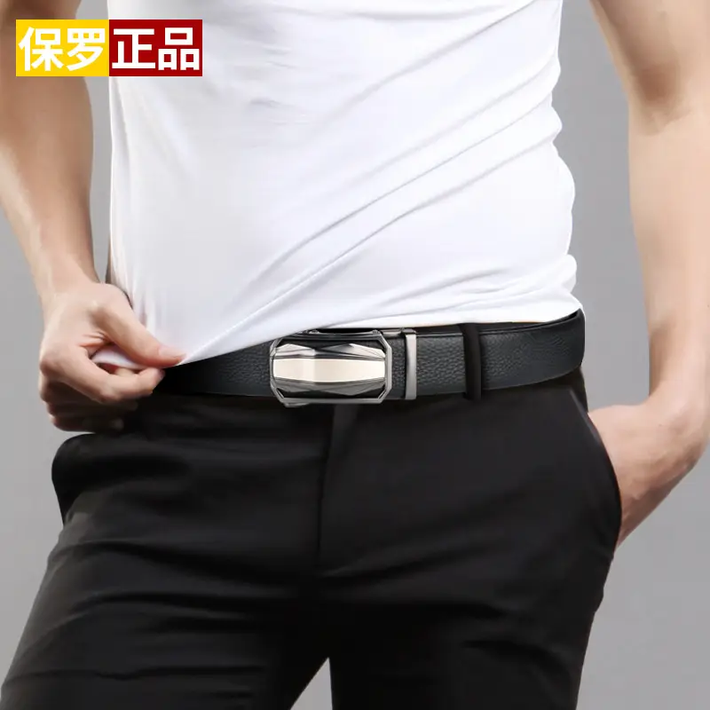Men's Automatic Buckle Leather Belt Black Silver - Image 4
