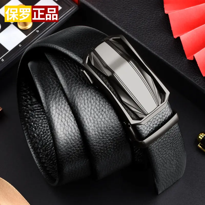 Men's Automatic Buckle Leather Belt Black Silver - Image 6