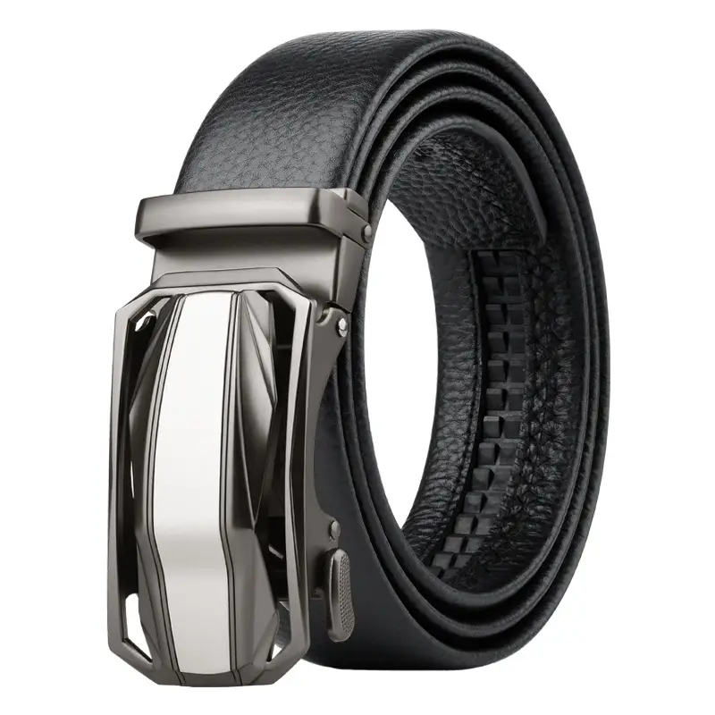 Men's Automatic Buckle Leather Belt Black Silver - Image 7