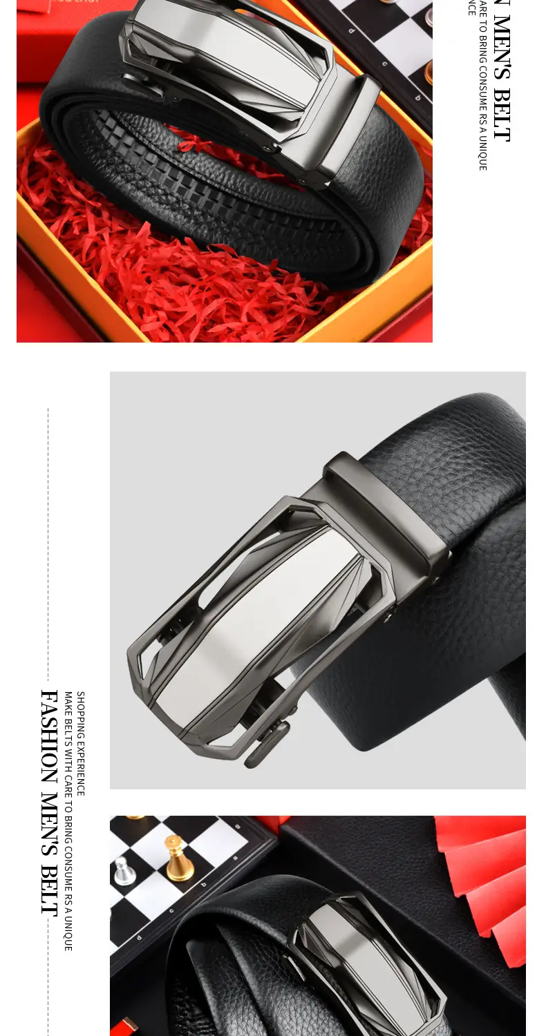 Men's Automatic Buckle Leather Belt Black Silver — feature 12