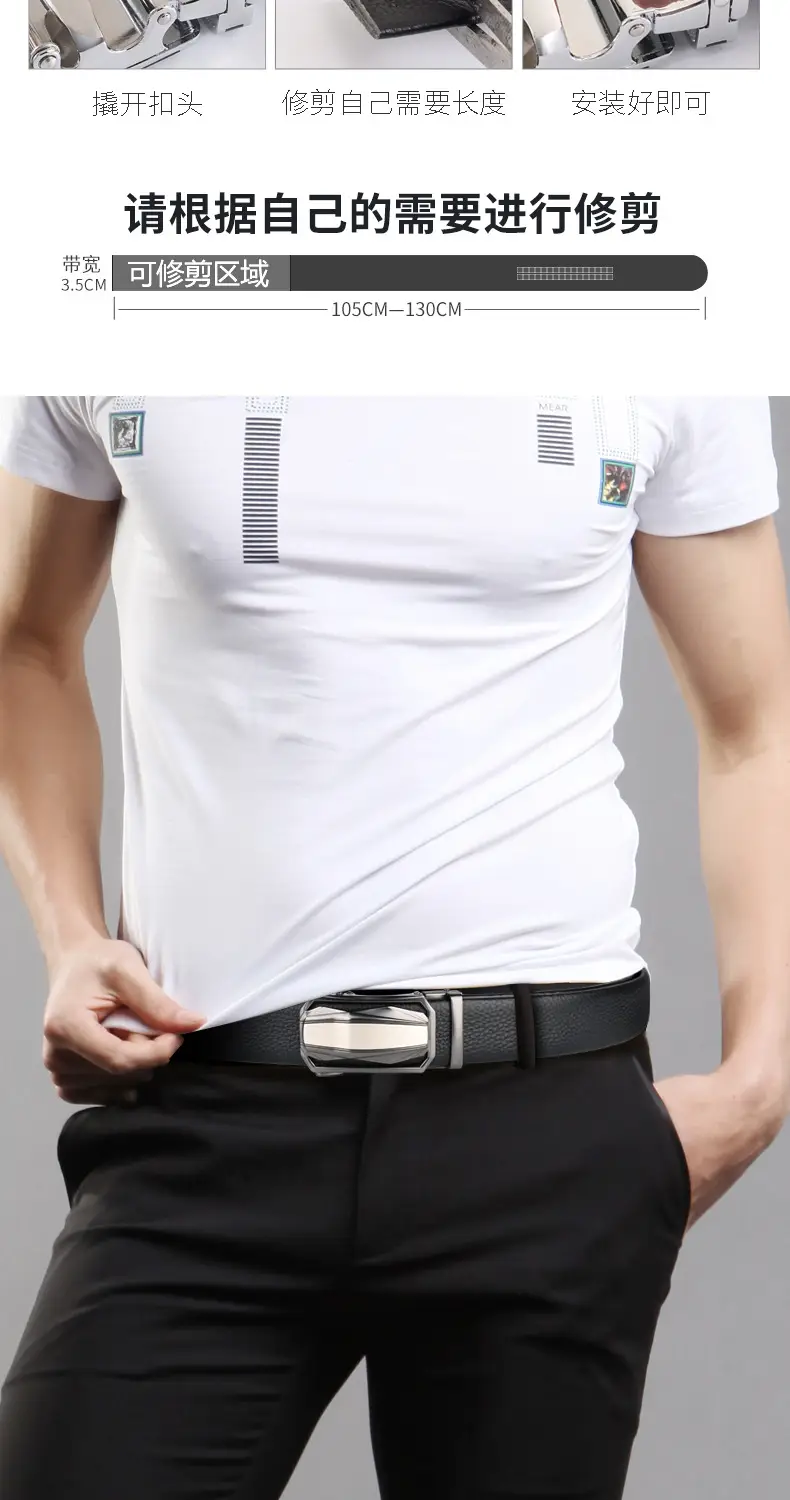 Men's Automatic Buckle Leather Belt Black Silver — feature 3