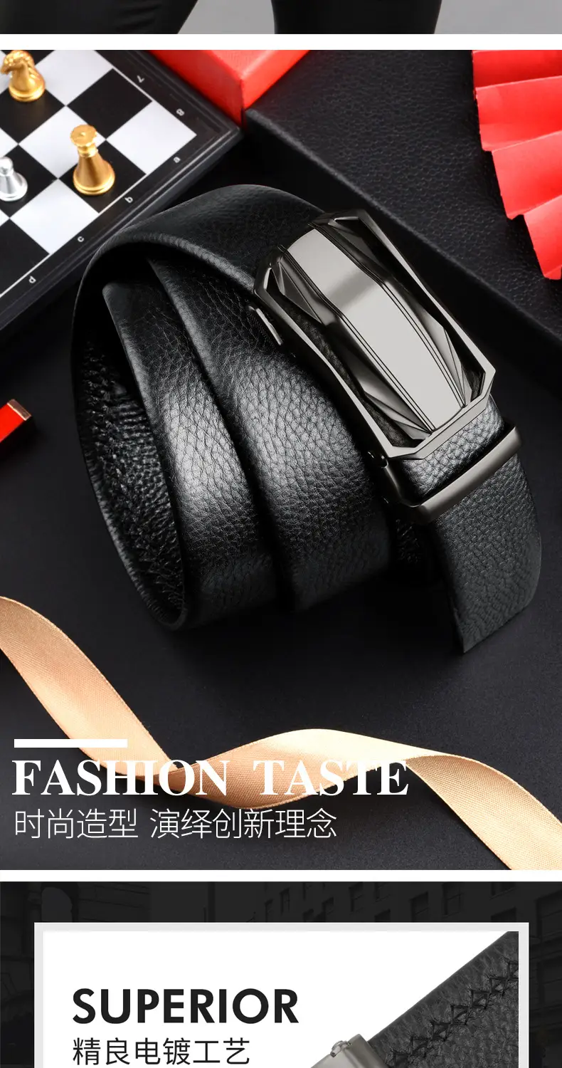 Men's Automatic Buckle Leather Belt Black Silver — feature 4