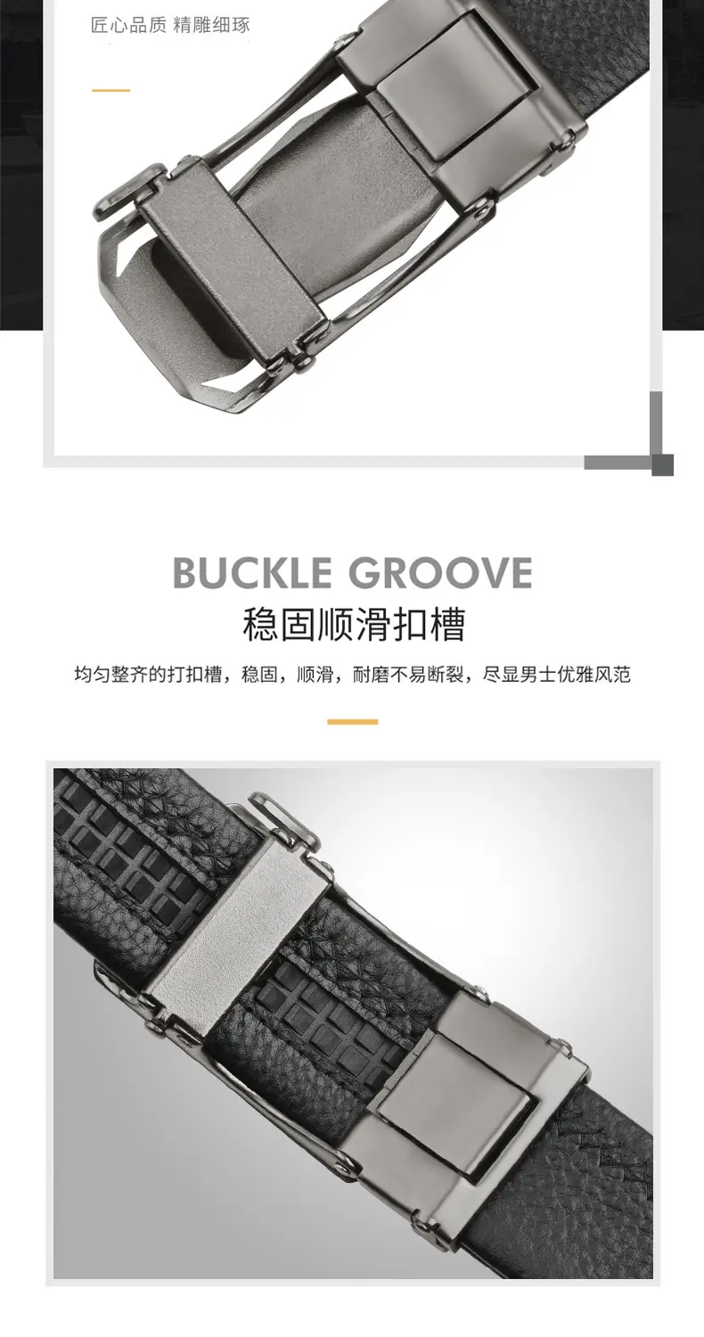 Men's Automatic Buckle Leather Belt Black Silver — feature 5