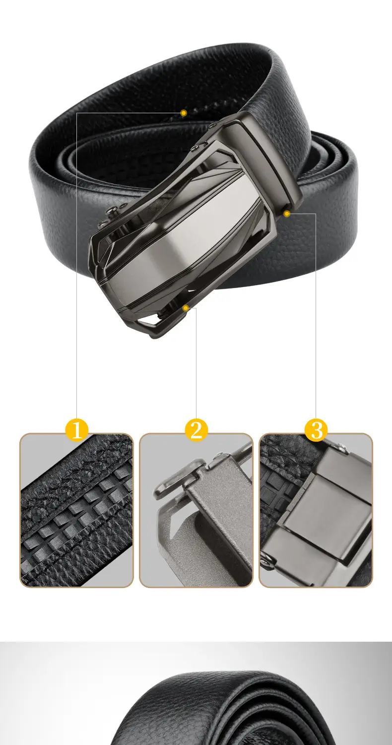 Men's Automatic Buckle Leather Belt Black Silver — feature 7