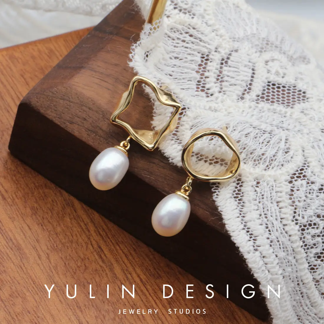 Women's Gold Pearl Square Earrings Set - Image 4