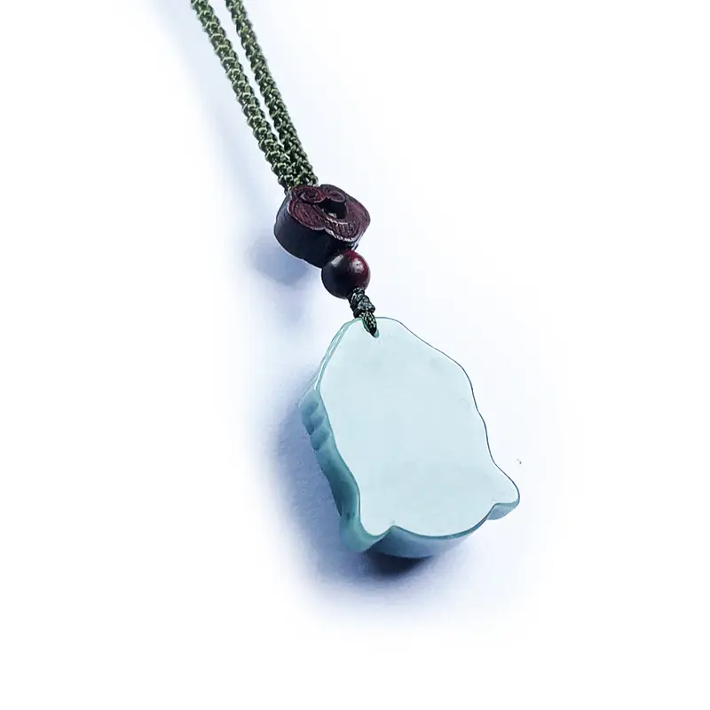Ice-Clear Blue Buddha Head Jade Pendant with Silk Chain