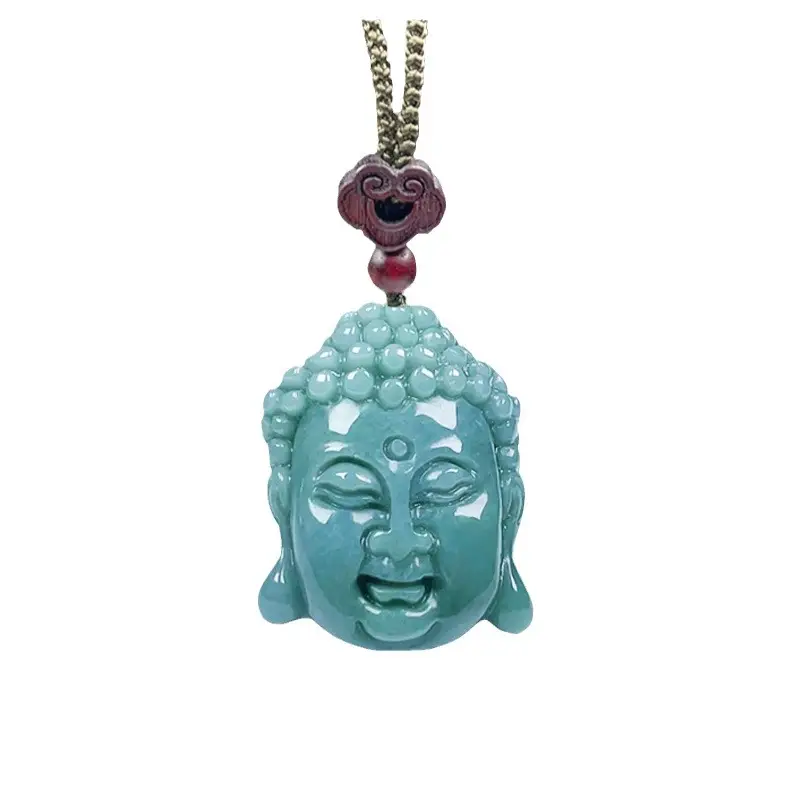 Ice-Clear Blue Buddha Head Jade Pendant with Silk Chain