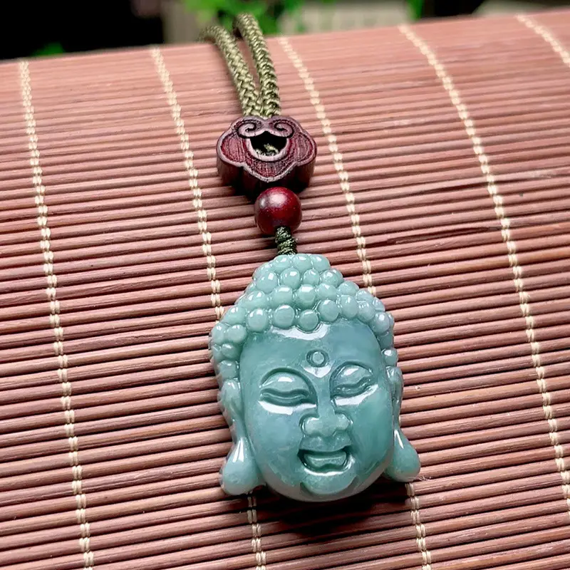 Ice-Clear Blue Buddha Head Jade Pendant with Silk Chain — feature 11