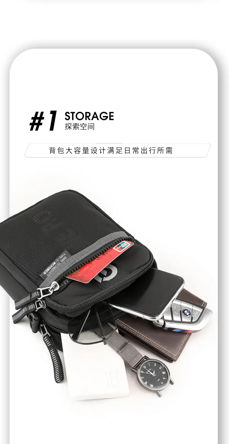Men's Black Crossbody Shoulder Bag with Zip — feature 9