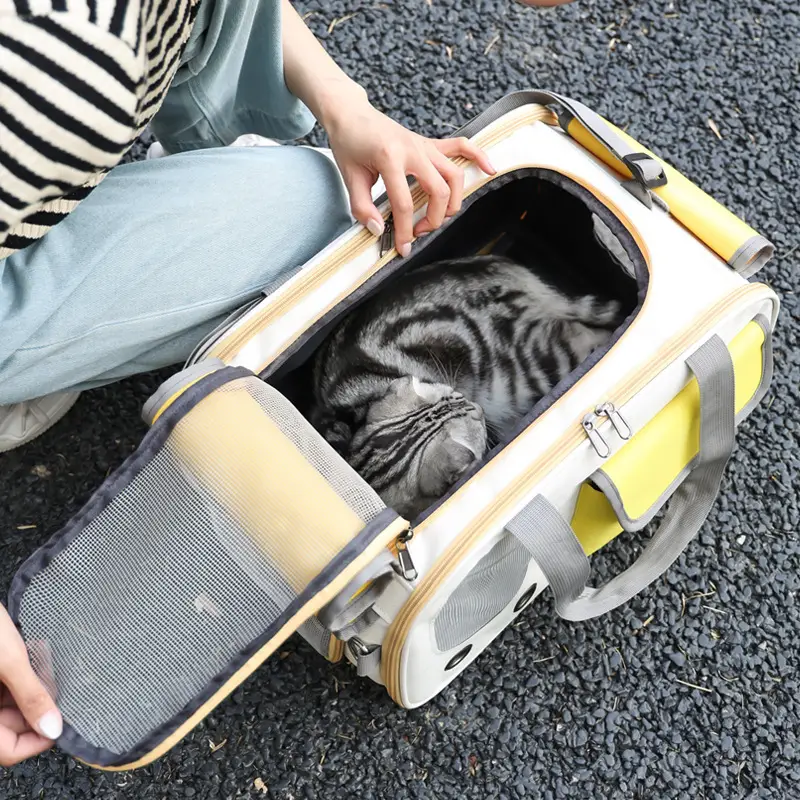 Pet Cat Bag Foldable Adjustable Shoulder Bag Yellow White - Image 26