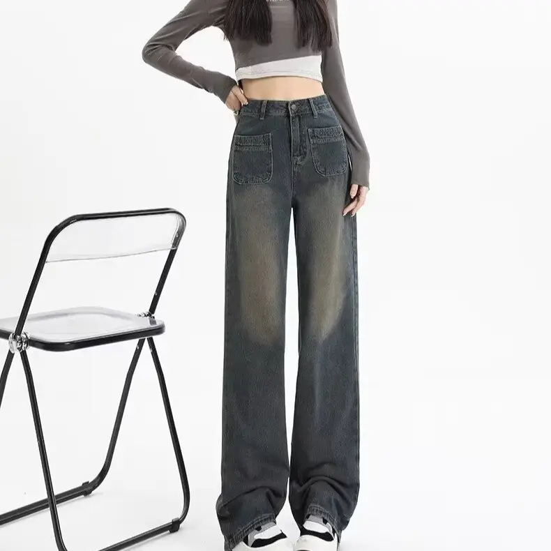Retro Distressed Dark Blue Wide Leg Jeans Women