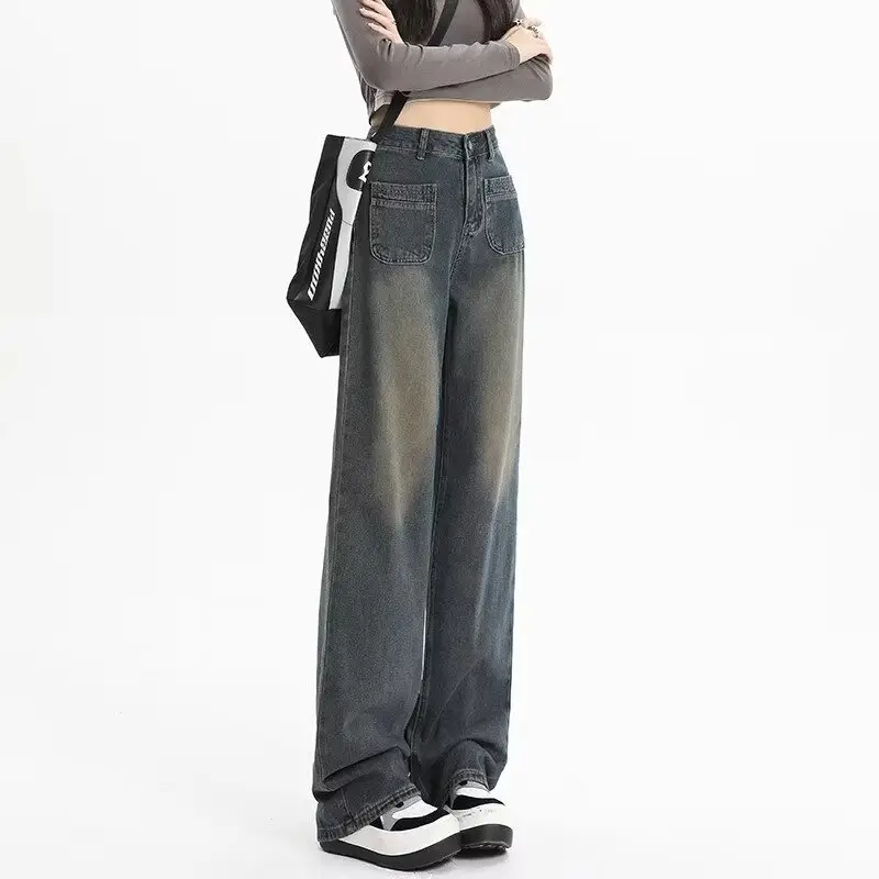Retro Distressed Dark Blue Wide Leg Jeans Women — feature 14