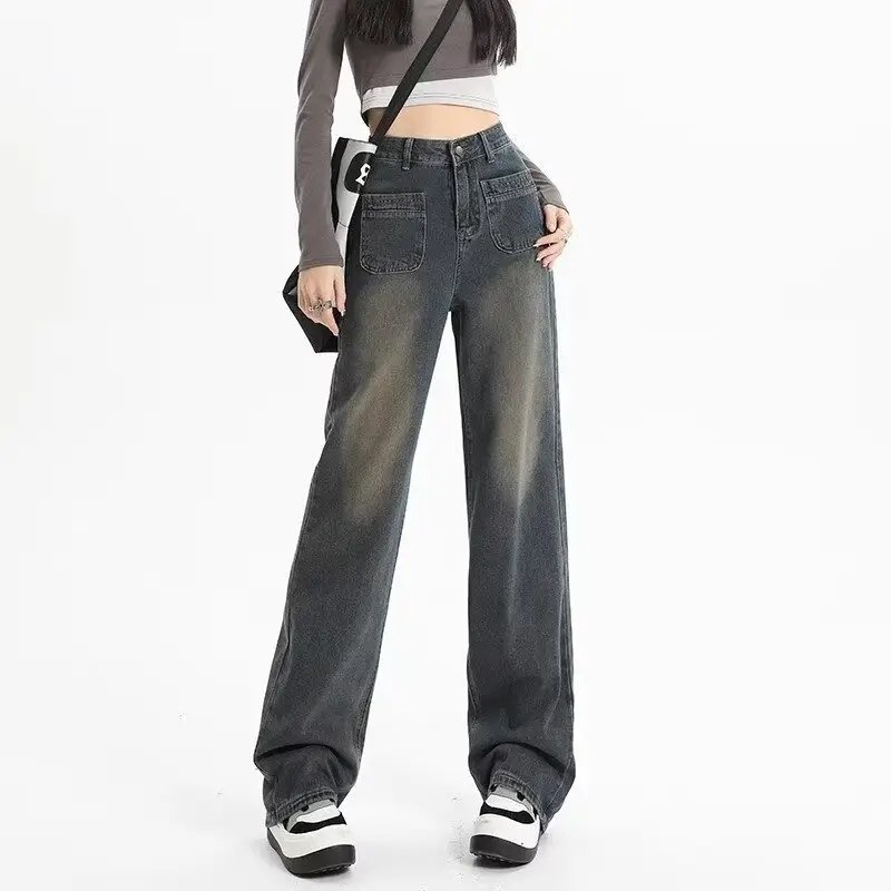 Retro Distressed Dark Blue Wide Leg Jeans Women — feature 16