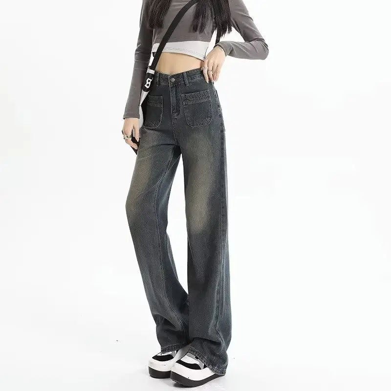 Retro Distressed Dark Blue Wide Leg Jeans Women — feature 17