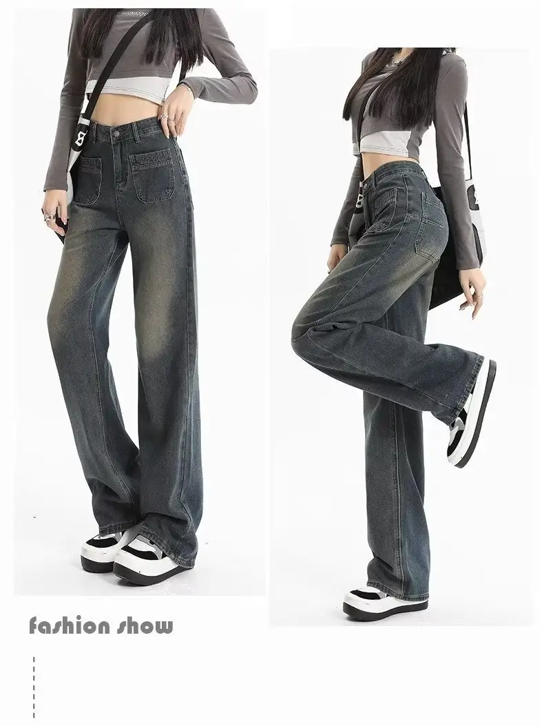Retro Distressed Dark Blue Wide Leg Jeans Women — feature 21