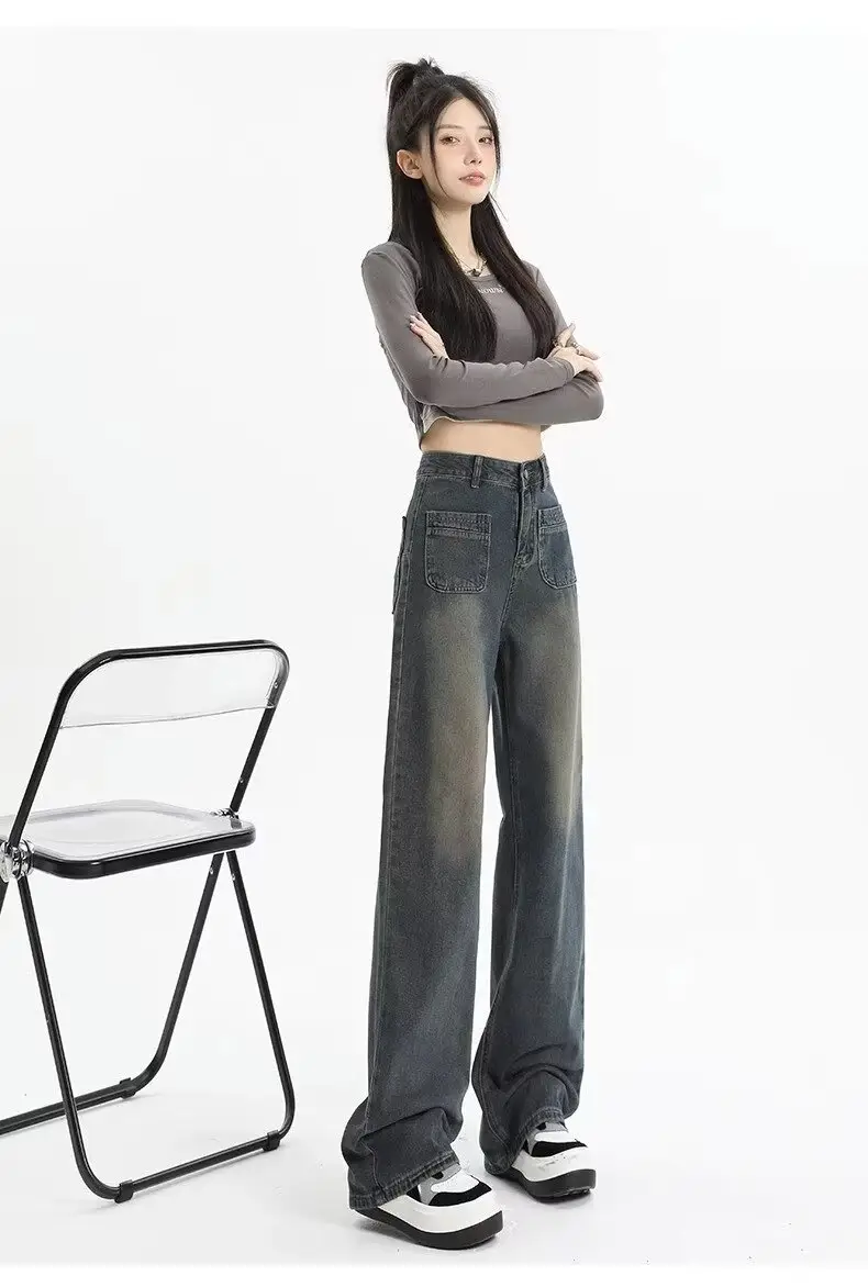 Retro Distressed Dark Blue Wide Leg Jeans Women — feature 23
