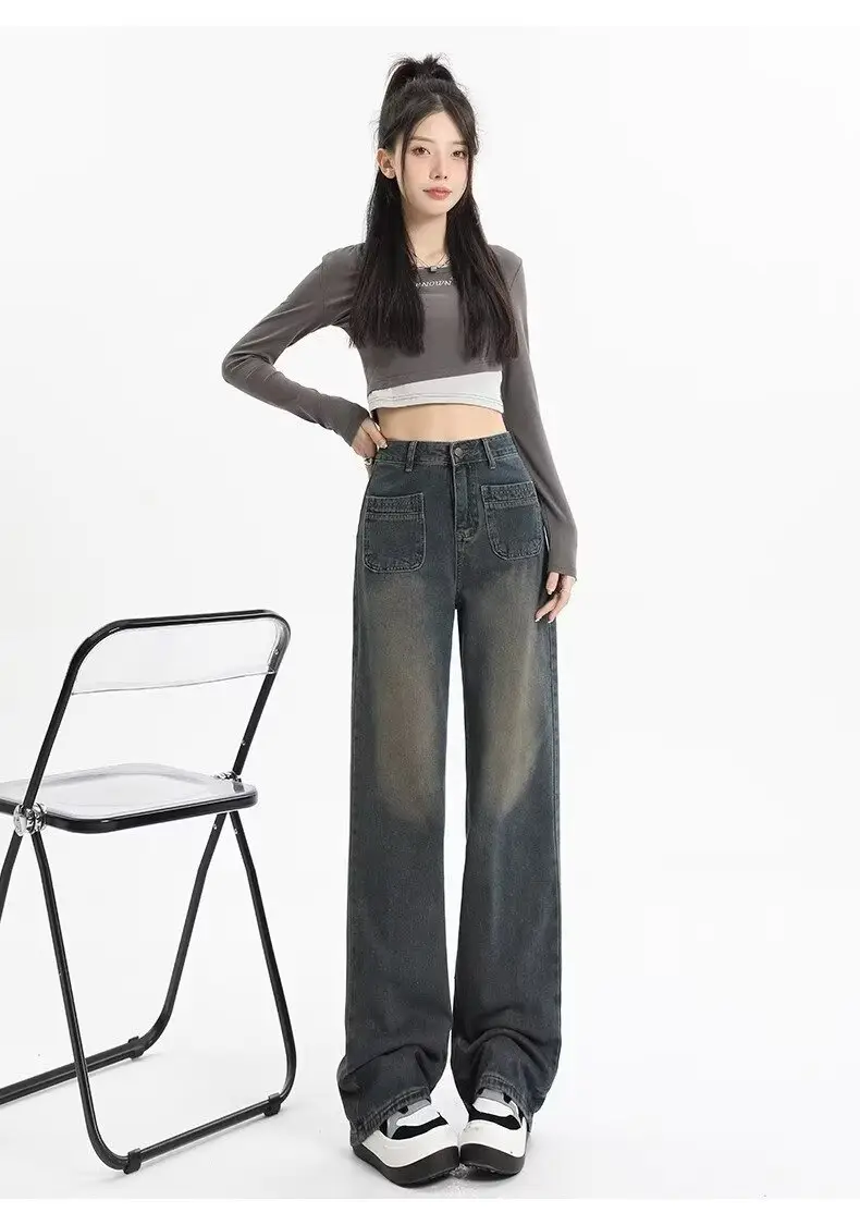 Retro Distressed Dark Blue Wide Leg Jeans Women — feature 24