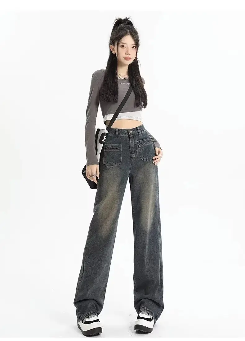 Retro Distressed Dark Blue Wide Leg Jeans Women — feature 25