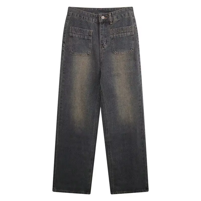 Retro Distressed Dark Blue Wide Leg Jeans Women — feature 26