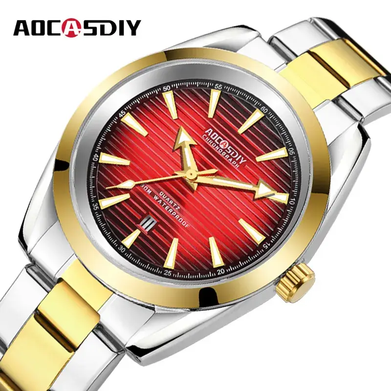 Men's Red Gold Quartz Watch with Stainless Steel Band - Image 6