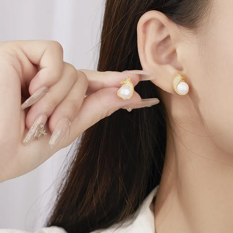 Leopard Pearl Earrings Gold Plated with Zircon & Green Stones - Image 2